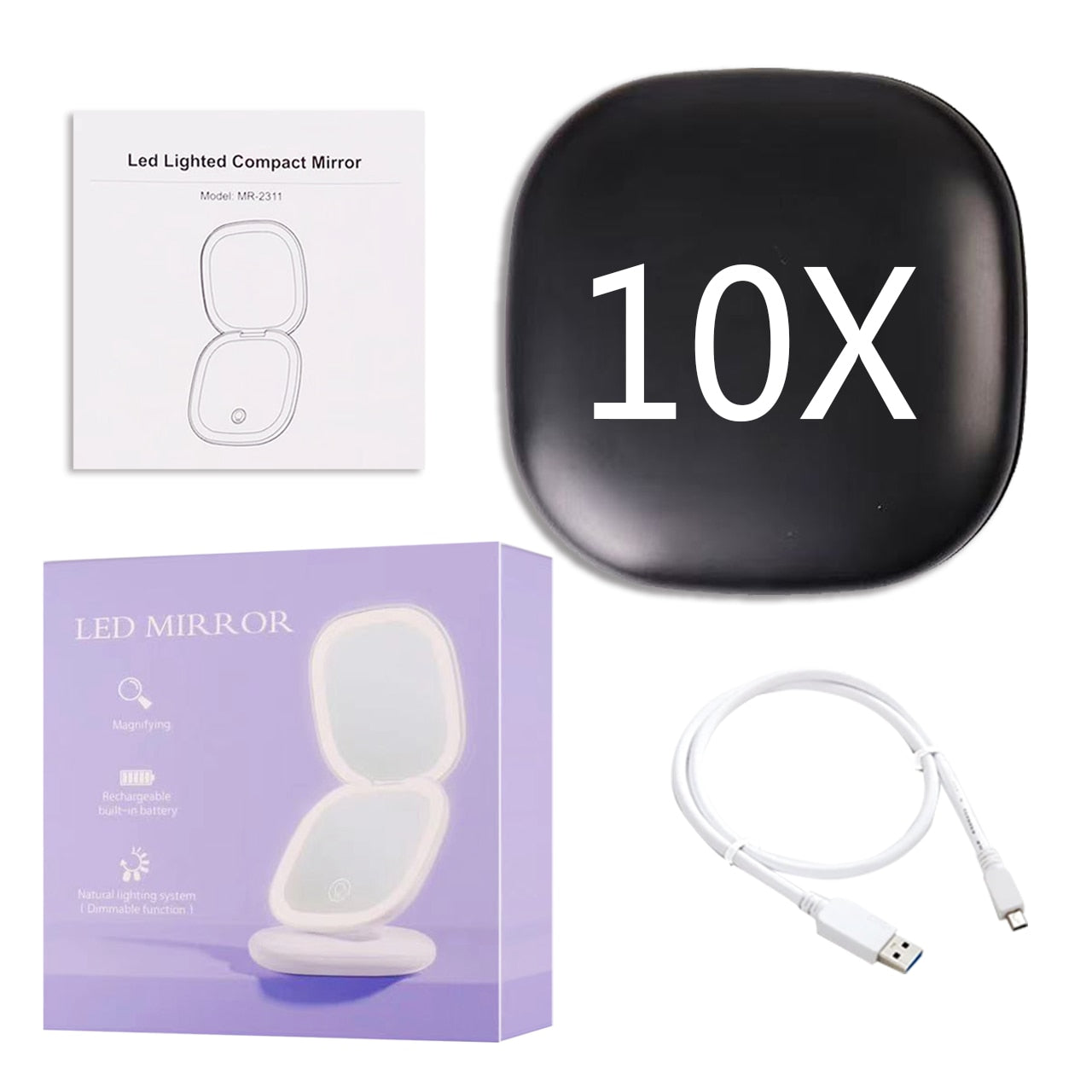 Frendorf | Mini LED 10x Vergrößerung Kosmetikspiegel mit verschiedenen Lichteinstellungen, USB aufladbar