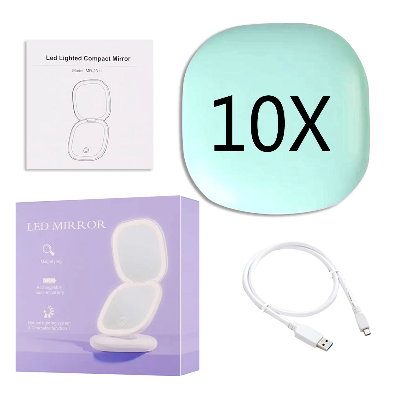 Frendorf | Mini LED 10x Vergrößerung Kosmetikspiegel mit verschiedenen Lichteinstellungen, USB aufladbar
