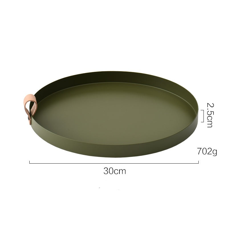 Nordic Style Ledergriff Schmiedeeisen runder Tablett Farbablageplatte Wasserglasplatte Wohnkultur