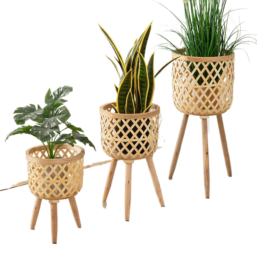 Handgefertigter Bambusgewebter Blumentopf mit Ständer Pflanze Blumenanzeige Aufbewahrungsständer DIY Aufbewahrung Kinderplantöpfe Wohnkultur