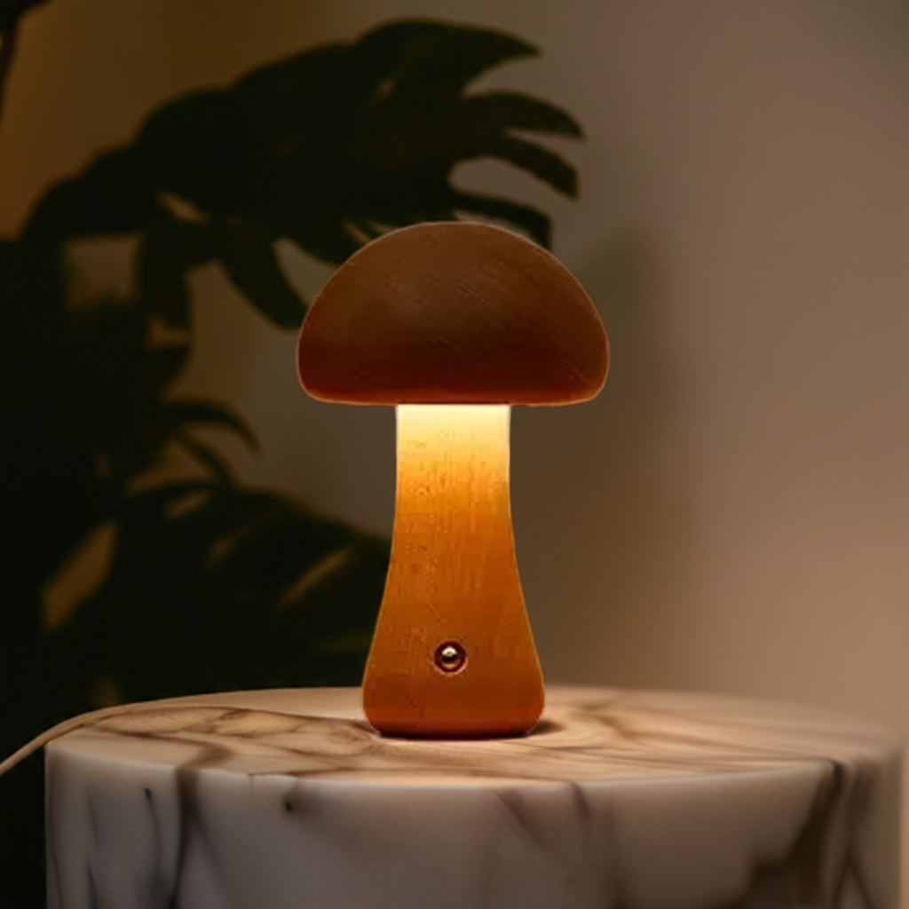 Frendorf | MushroomGlow™ Holzpilz LED Tischlampe | Natürliche Deko Beleuchtung | Stimmungslicht für Zuhause