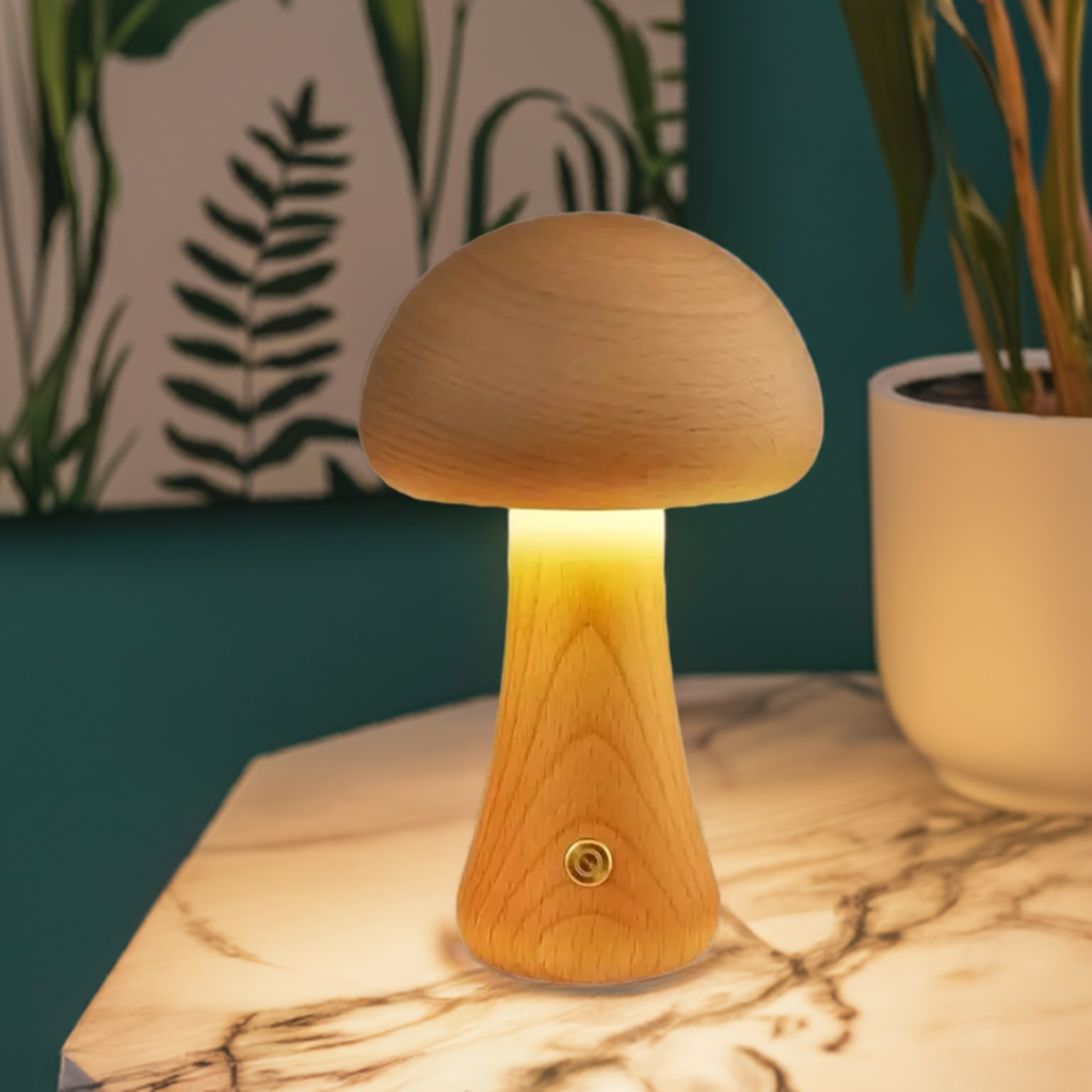 Frendorf | MushroomGlow™ Holzpilz LED Tischlampe | Natürliche Deko Beleuchtung | Stimmungslicht für Zuhause