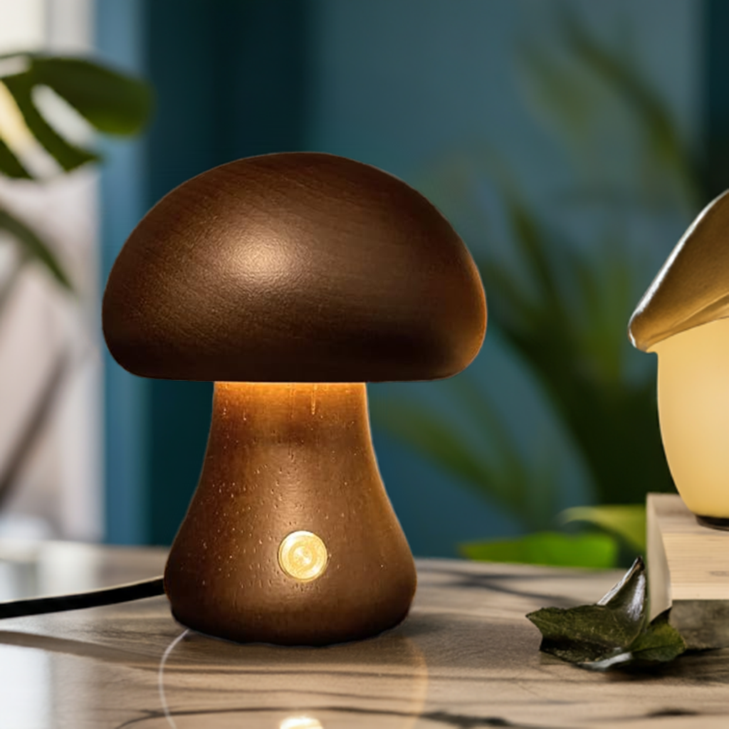 Frendorf | MushroomGlow™ Holzpilz LED Tischlampe | Natürliche Deko Beleuchtung | Stimmungslicht für Zuhause