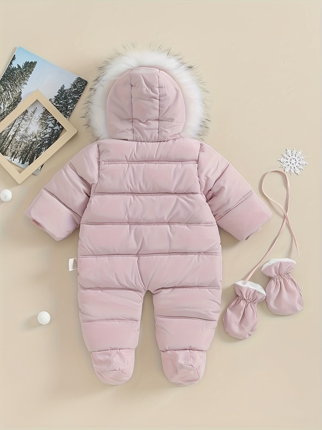 Frendorf Baby Schnee-Overall | Gefütterter Winteranzug mit Kunstfell-Kapuze und integrierten Fäustlingen