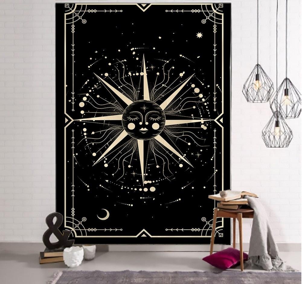 Verzauberung Tarot Wandteppich Kunst - Schwarze und Khaki Sonne, Mond, Stern Universum Geometrisches Design für Wohnheim und Wohnkultur
