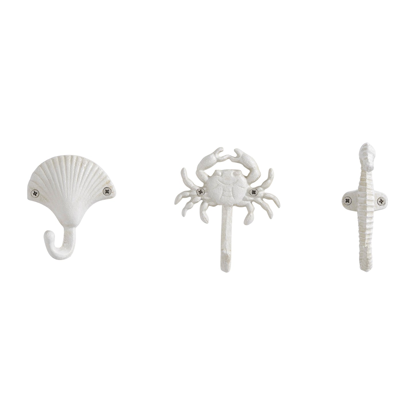 Weißer Gusseisen Nautical Ocean Figur Skulptur Dekorative Utility Wandhaken Set von 3 - Muschel, Krebs, Seepferdchen