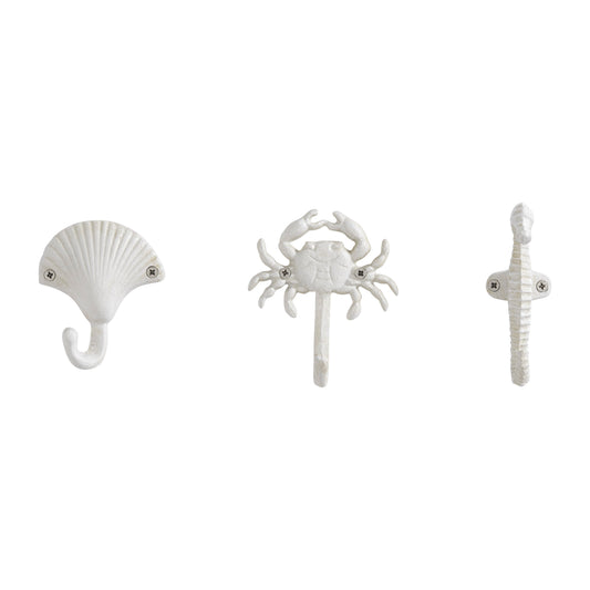 Weißer Gusseisen Nautical Ocean Figur Skulptur Dekorative Utility Wandhaken Set von 3 - Muschel, Krebs, Seepferdchen