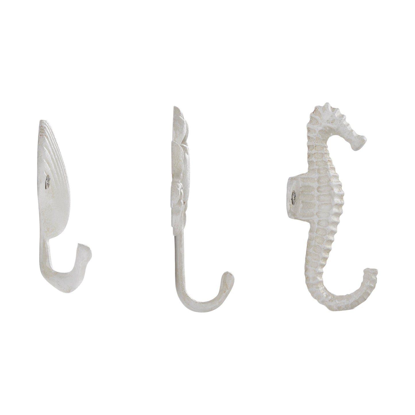 Weißer Gusseisen Nautical Ocean Figur Skulptur Dekorative Utility Wandhaken Set von 3 - Muschel, Krebs, Seepferdchen