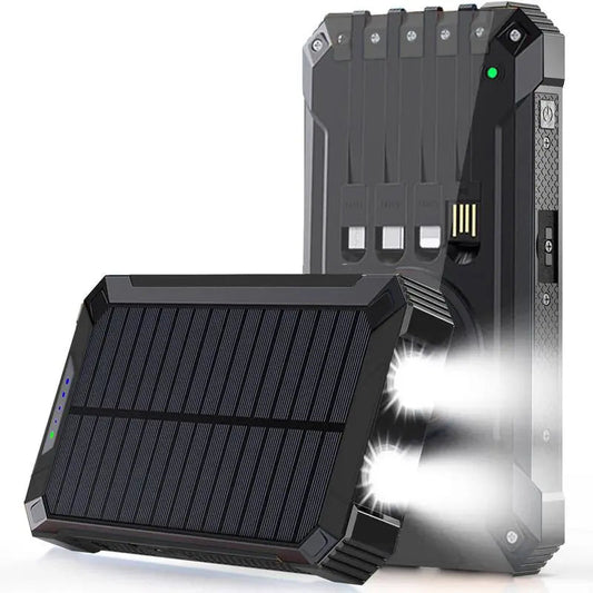 W22 Powerbank, kabelloses Ladegerät, integriert in 4 Kabel, sechs Ausgänge, 15 W, Schnelllade-Powerbank für alle Mobilgeräte, drei Eingänge, solarbetriebenes tragbares Ladegerät mit zwei Taschenlampen, Karabiner, Zubehör für Smartphones