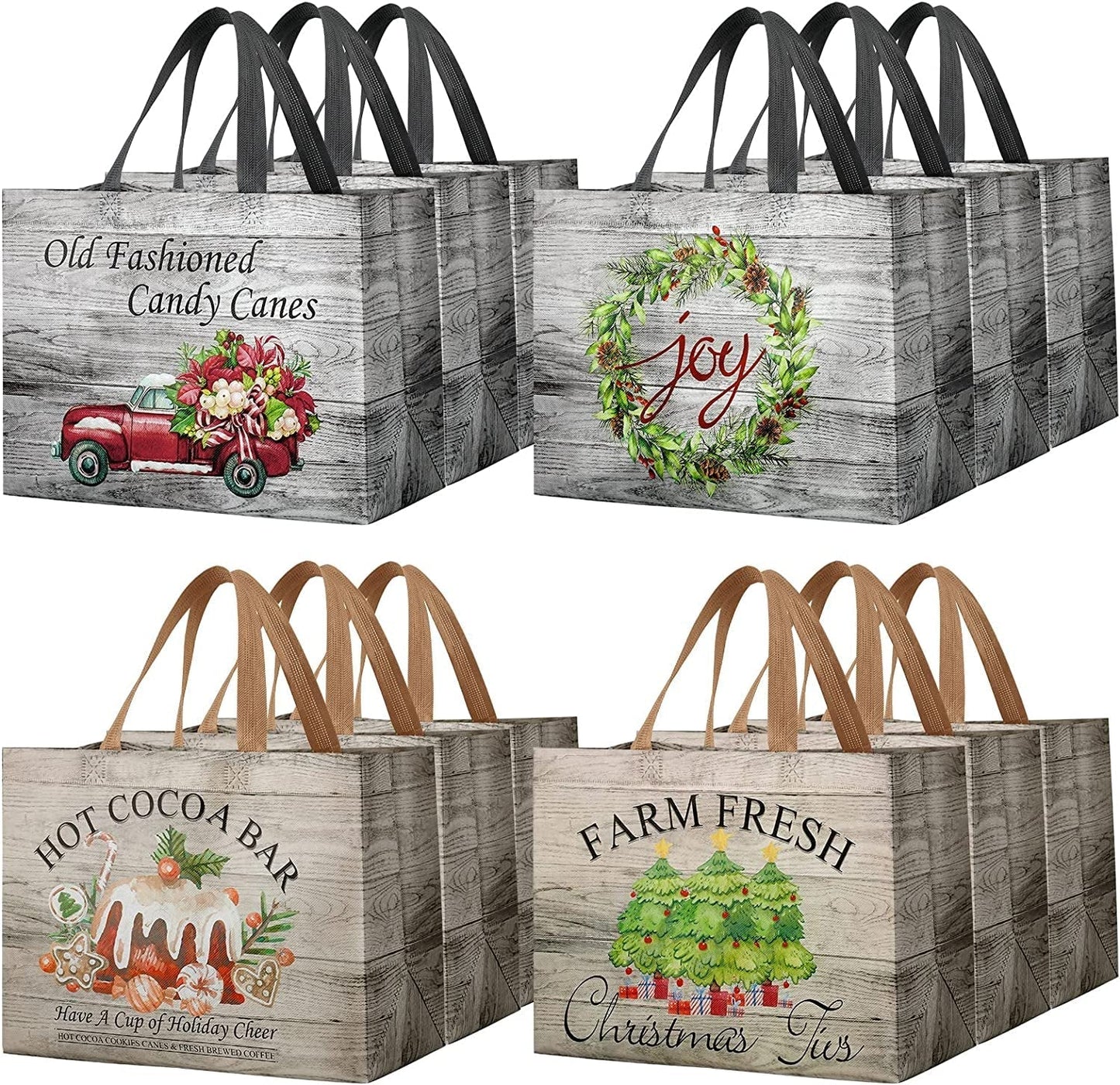 Frendorf | 12 Stück Rustikale Weihnachts Tragetaschen mit Griffen, Wiederverwendbare Geschenktaschen Einkaufstaschen für Weihnachten Wintergeschenke Feiertagsverpackungsbeutel Partybedarf, 32.5 X 24.9 X 17.0 cm