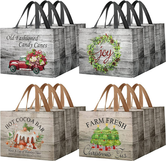 Frendorf | 12 Stück Rustikale Weihnachts Tragetaschen mit Griffen, Wiederverwendbare Geschenktaschen Einkaufstaschen für Weihnachten Wintergeschenke Feiertagsverpackungsbeutel Partybedarf, 32.5 X 24.9 X 17.0 cm