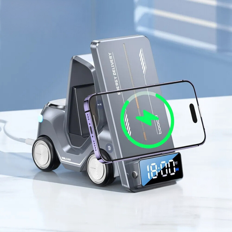Frendorf | 5-in-1 Gabelstapler Design Wireless Charger mit Wecker und Nachtlicht