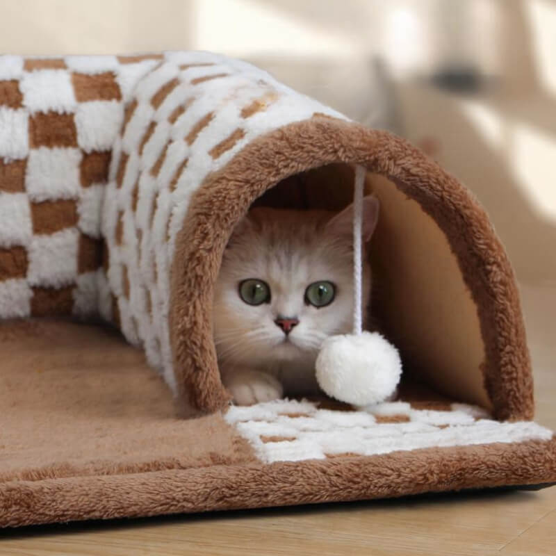 2-in-1 Lustiger Plüsch Karierter Katzen-Tunnel Bett