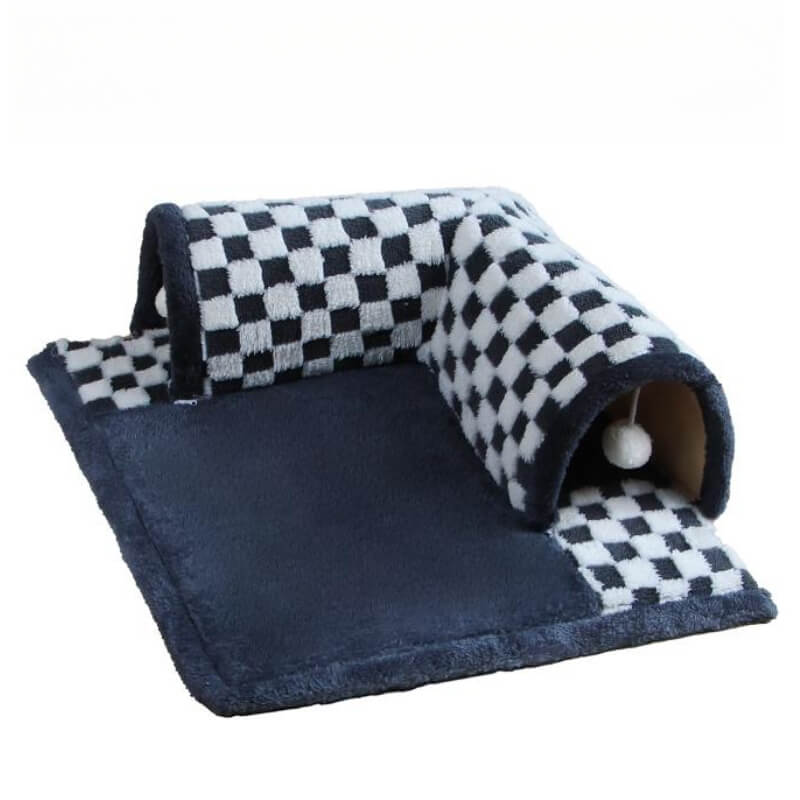 2-in-1 Lustiger Plüsch Karierter Katzen-Tunnel Bett