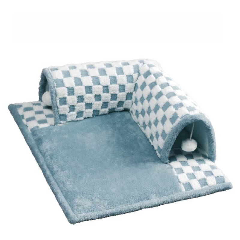 2-in-1 Lustiger Plüsch Karierter Katzen-Tunnel Bett