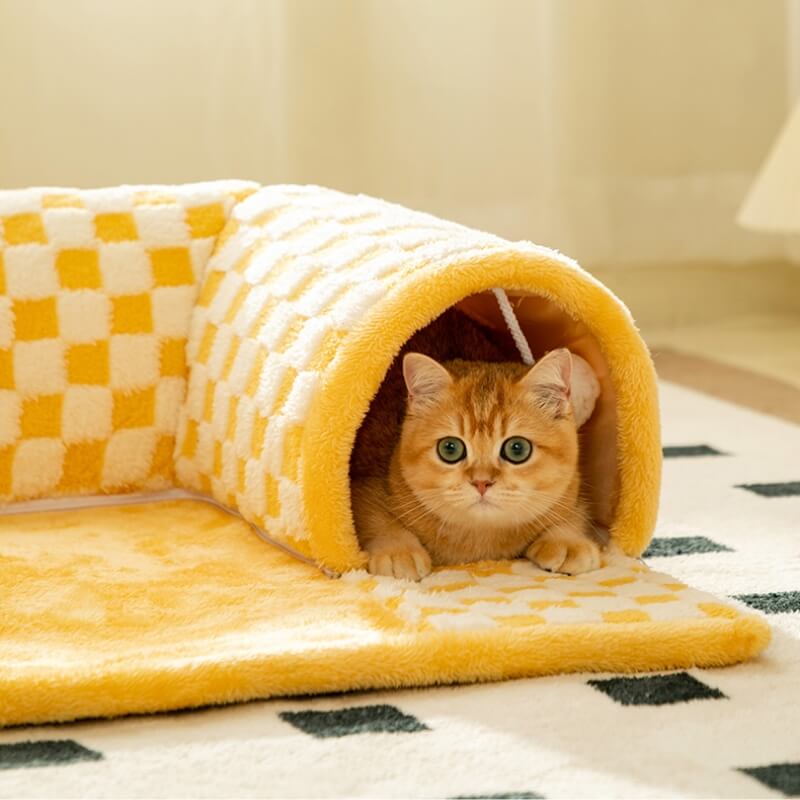 2-in-1 Lustiger Plüsch Karierter Katzen-Tunnel Bett