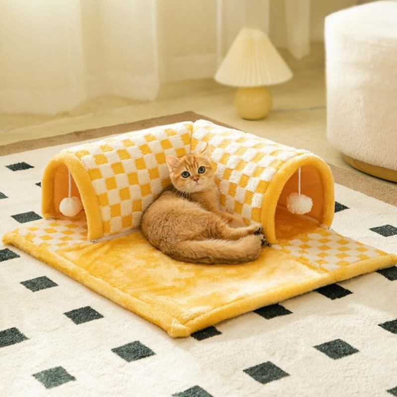 2-in-1 Lustiger Plüsch Karierter Katzen-Tunnel Bett