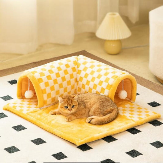 2-in-1 Lustiger Plüsch Karierter Katzen-Tunnel Bett