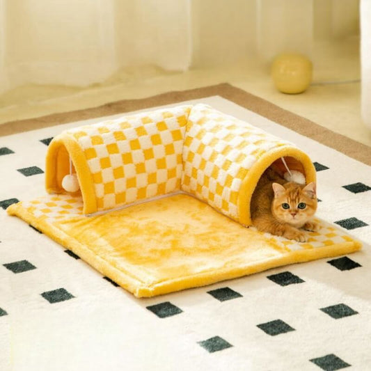 2-in-1 Lustiger Plüsch Karierter Katzen-Tunnel Bett