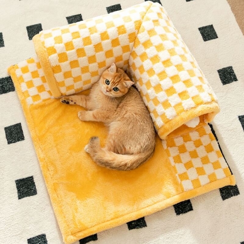 2-in-1 Lustiger Plüsch Karierter Katzen-Tunnel Bett