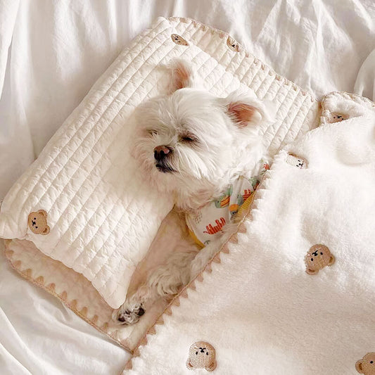 Gemütliches besticktes Baumwoll-Katzenkissen Quilt Bettset