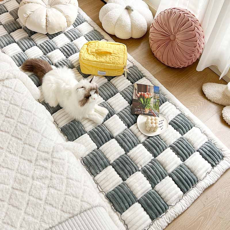 Cremefarbenes großes Karomuster quadratische flauschige Haustier Hundematte Bett Couchbezug