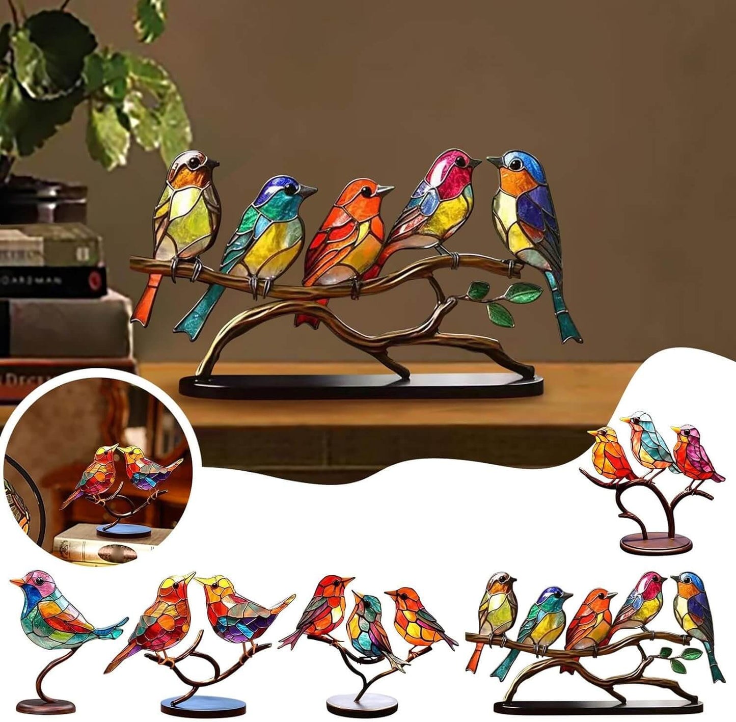 Frendorf | ElegantAviary | Bunte Vögel auf Ast Schreibtischornamente