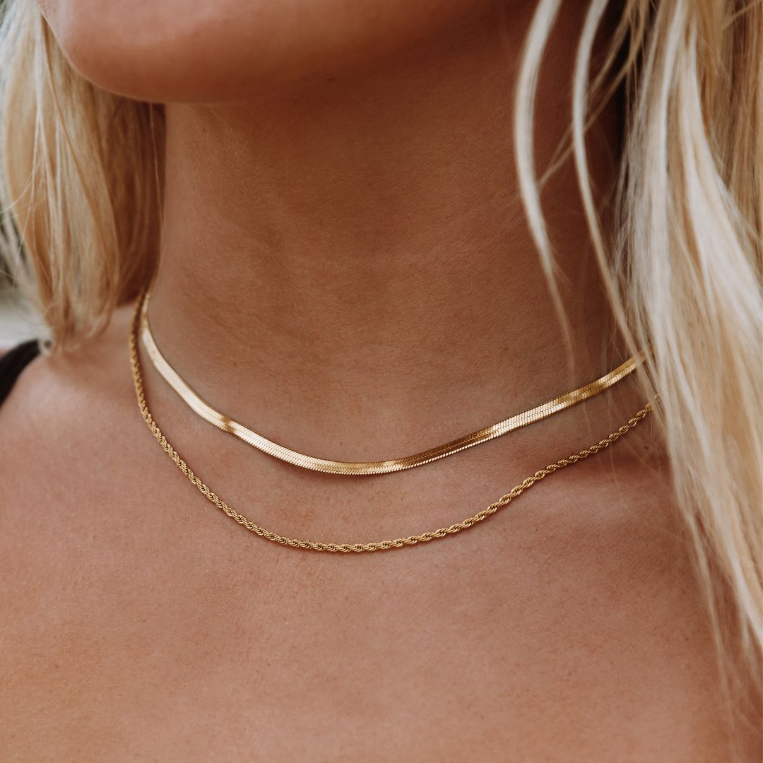 Frendorf | Damen gestaffeltes Halsband | Gold Herringbone Choker & Seil Kette | Wasserdicht