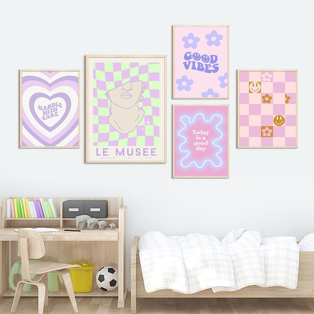 Griechische Statue Dänische Pastell-Druck Lila Kariert Smiley Blume Ästhetik Schlafzimmer Wandkunst Dekor