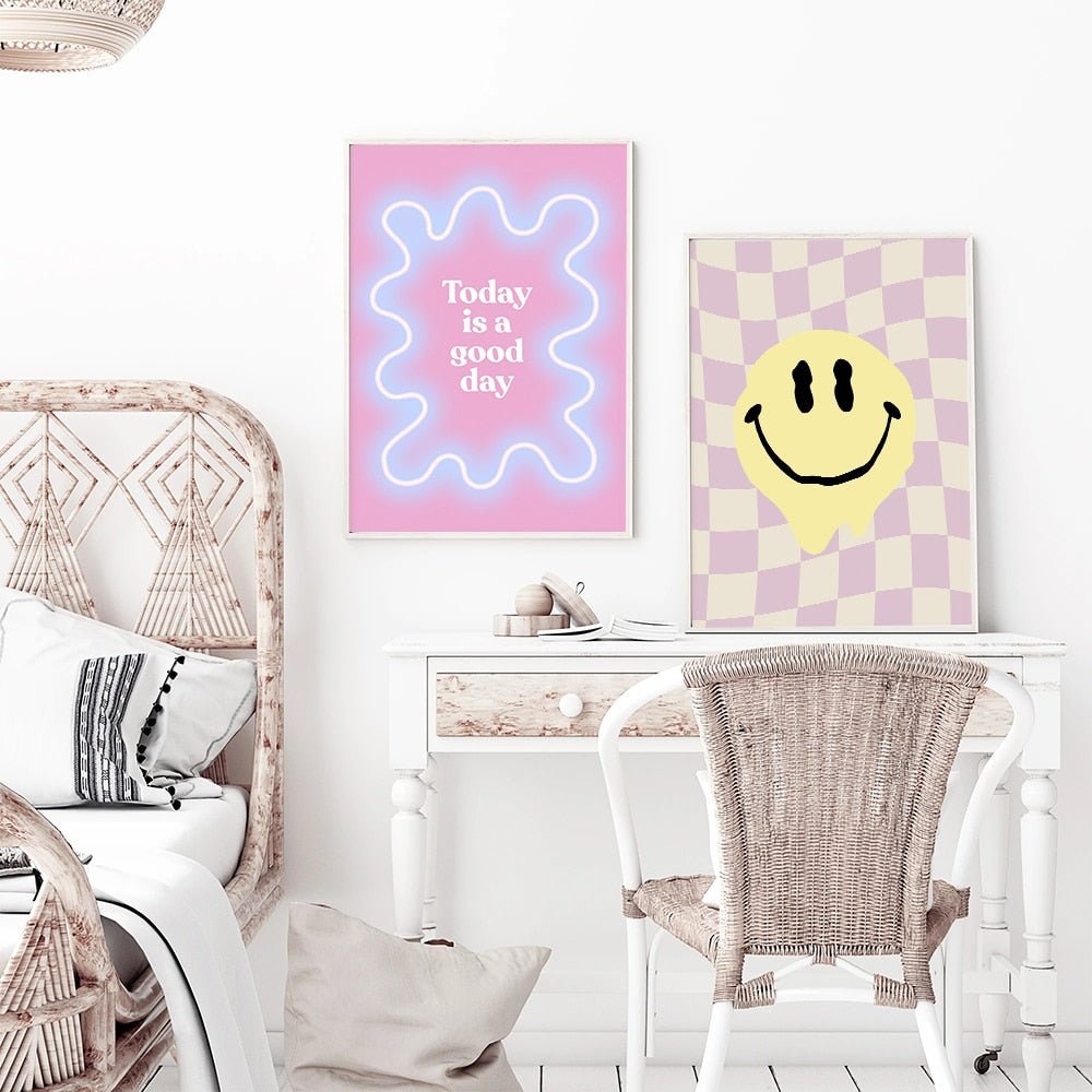 Griechische Statue Dänische Pastell-Druck Lila Kariert Smiley Blume Ästhetik Schlafzimmer Wandkunst Dekor