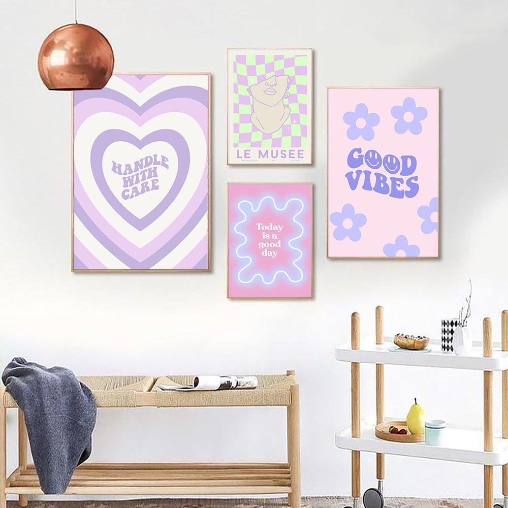 Griechische Statue Dänische Pastell-Druck Lila Kariert Smiley Blume Ästhetik Schlafzimmer Wandkunst Dekor