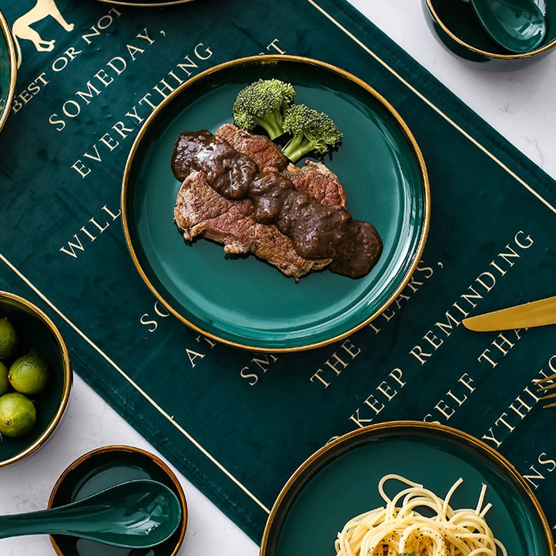 Frendorf | Grüner Keramischer Gold Einlage Teller Steak Essen Teller Nordischer Stil Geschirr