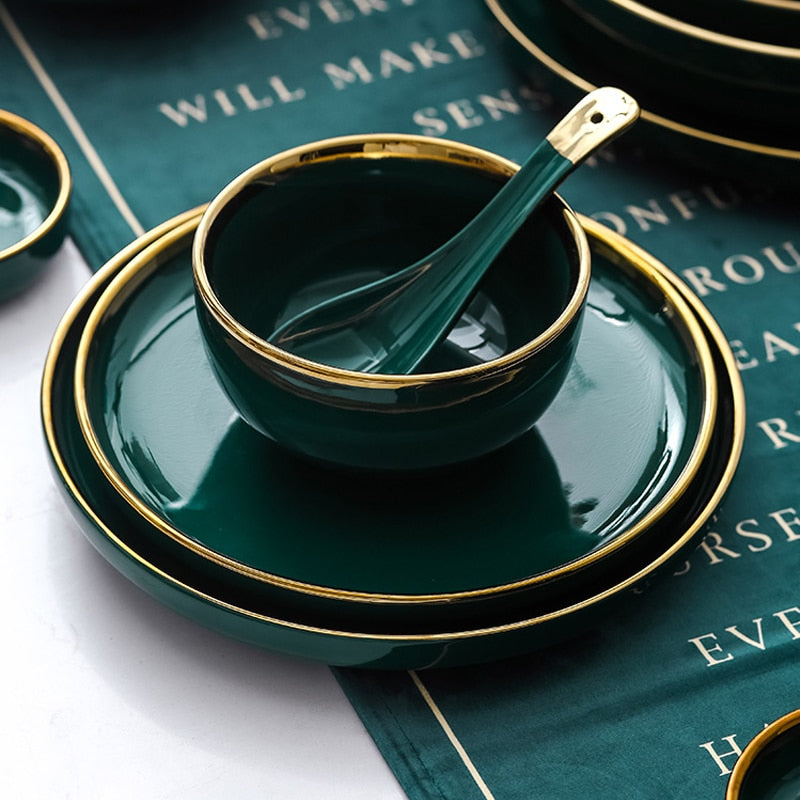 Frendorf | Grüner Keramischer Gold Einlage Teller Steak Essen Teller Nordischer Stil Geschirr
