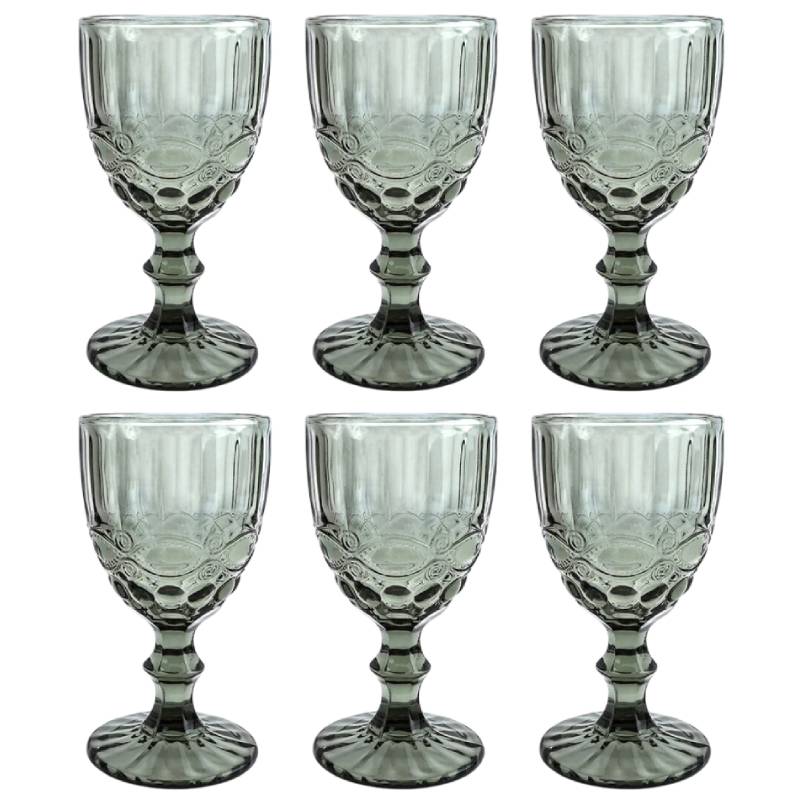 Frendorf | 300ml Graues viktorianisches Vintage-Weinglas-Set mit 6 Stück - Elegantes Glaswaren für Wein und Getränke