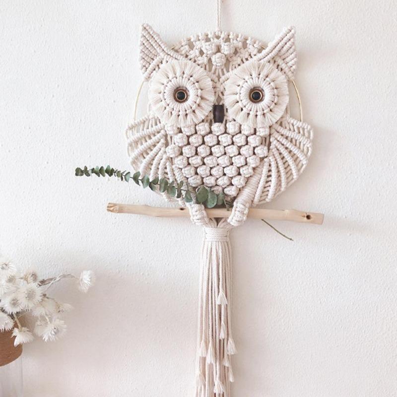 Frendorf | OwlDream Makramee Wandteppich | Handgefertigte Eule Deko | Boho-Wandkunst | Naturtöne
