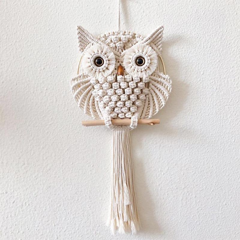 Frendorf | OwlDream Makramee Wandteppich | Handgefertigte Eule Deko | Boho-Wandkunst | Naturtöne