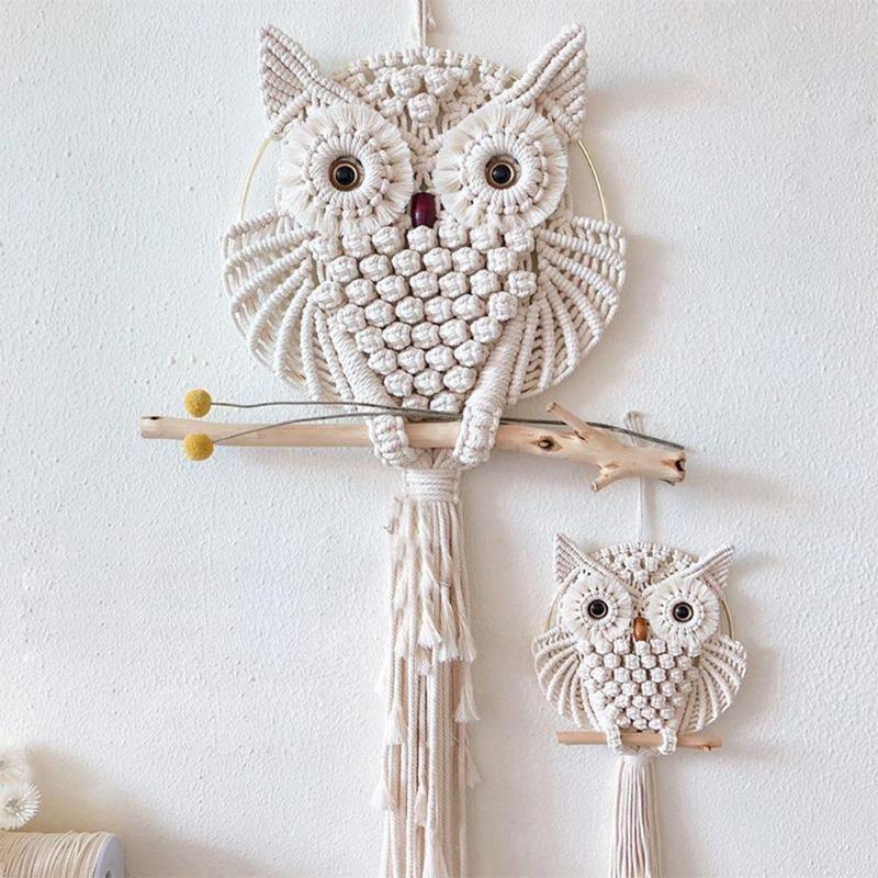 Frendorf | OwlDream Makramee Wandteppich | Handgefertigte Eule Deko | Boho-Wandkunst | Naturtöne