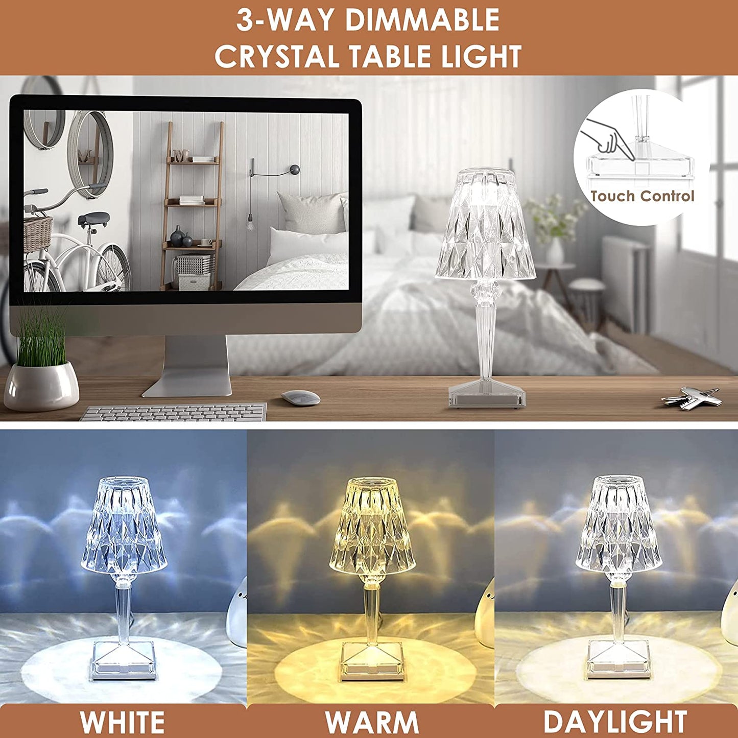 Frendorf | GlowCrystal LED-Diamant Tischlampe | Stimmungslicht | Kristall-Look | Kabellose Eleganz für Zuhause