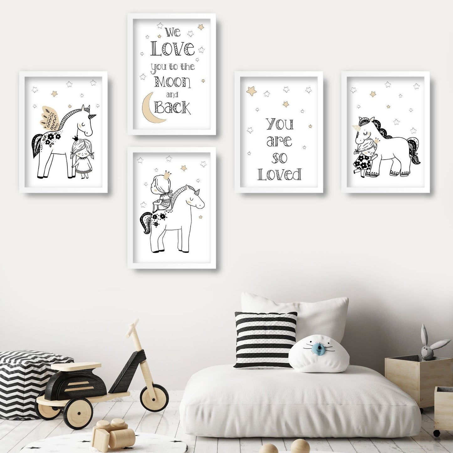 NURSERY Set aus 5 PRINZESSIN Einhorn, So Geliebt, Liebe dich bis zum Mond und Zurück Skandinavische Galerie Wandkunst Drucke Bilder Poster
