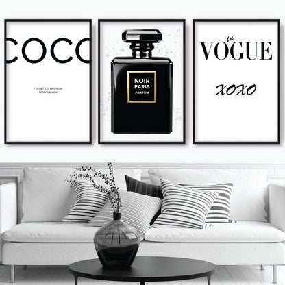 FASHION Set von 3 Schwarz und Weiß Noir Parfüm Kunstdrucke