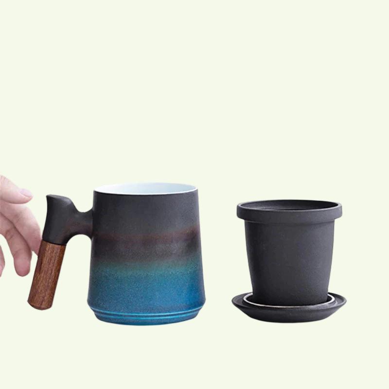 Japanisches Keramik-Teebecher-Set mit Teesieb und Deckel, handgefertigt