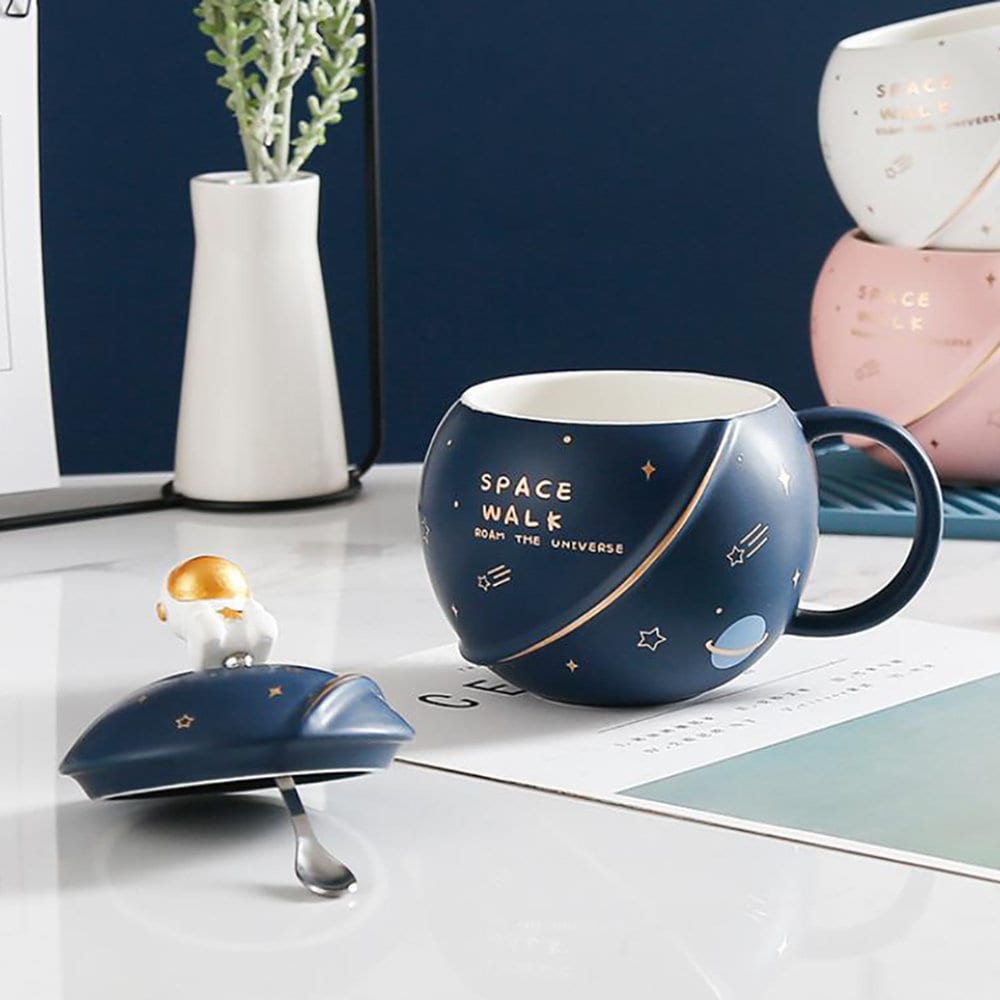 Handgefertigter Astronaut großer BECHER für Männer mit Deckel für Kaffee und Tee 450 ml