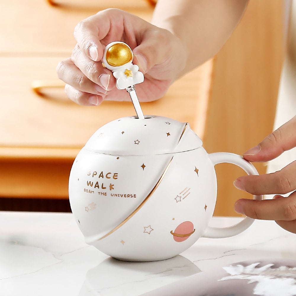 Handgefertigter Astronaut großer BECHER für Männer mit Deckel für Kaffee und Tee 450 ml