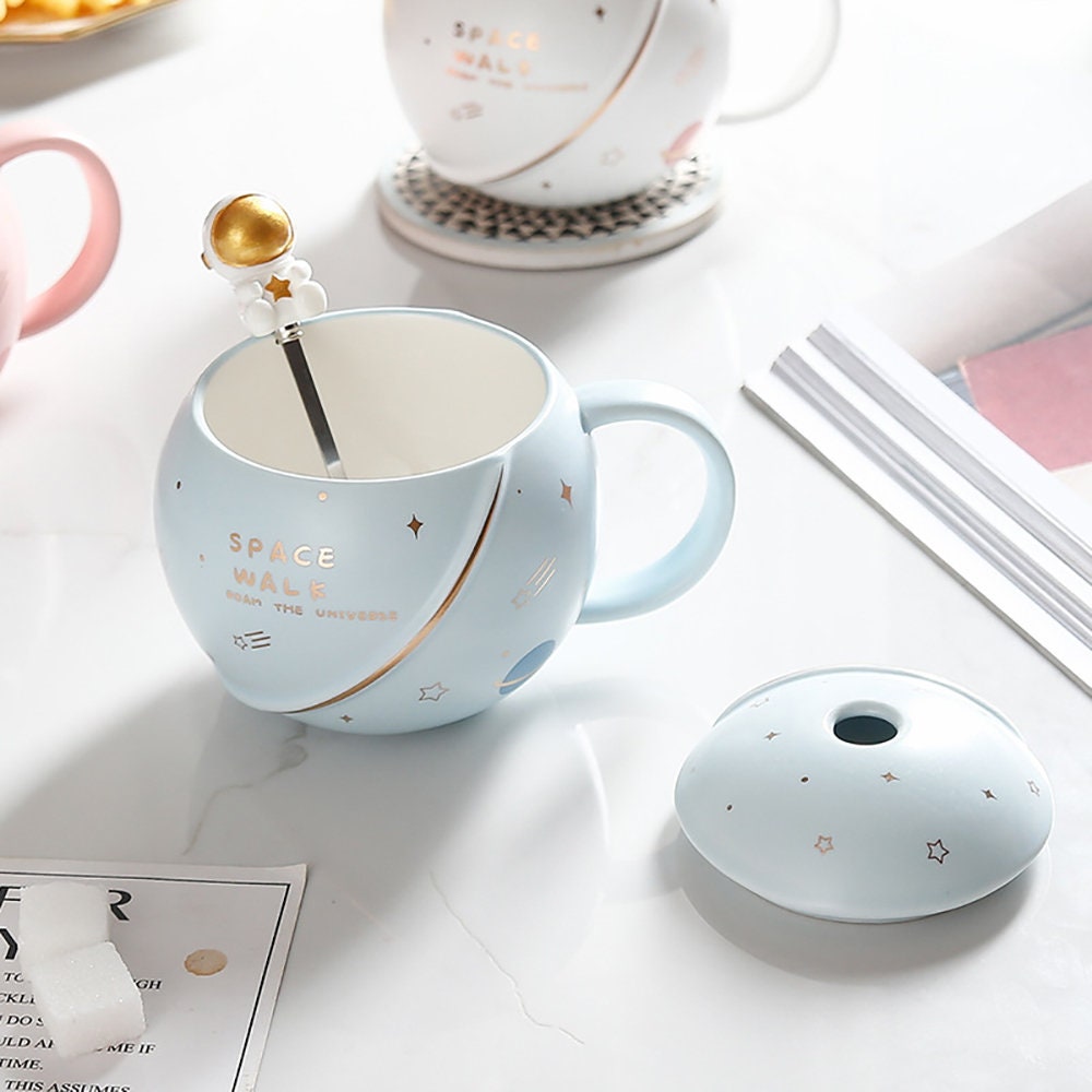 Handgefertigter Astronaut großer BECHER für Männer mit Deckel für Kaffee und Tee 450 ml