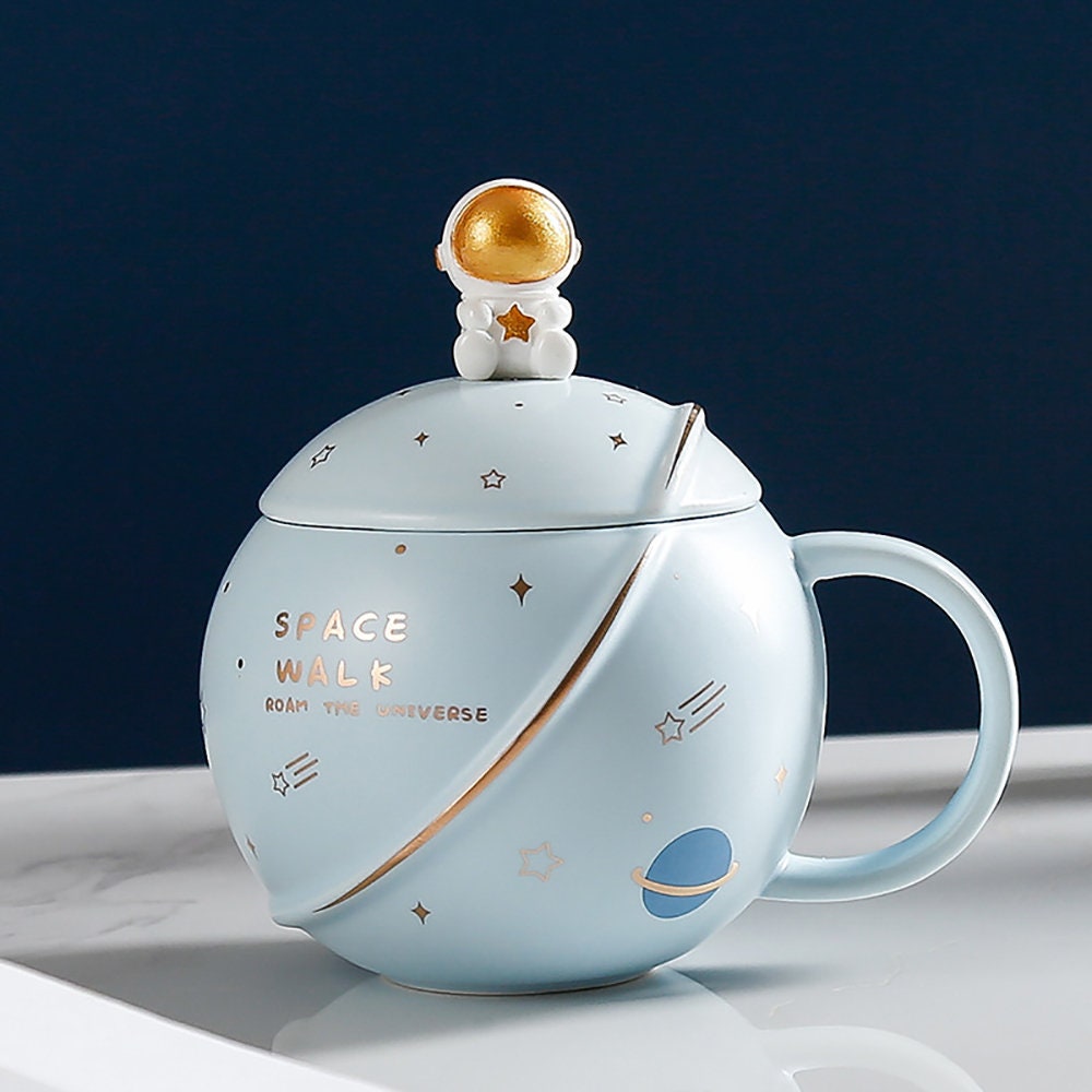 Handgefertigter Astronaut großer BECHER für Männer mit Deckel für Kaffee und Tee 450 ml
