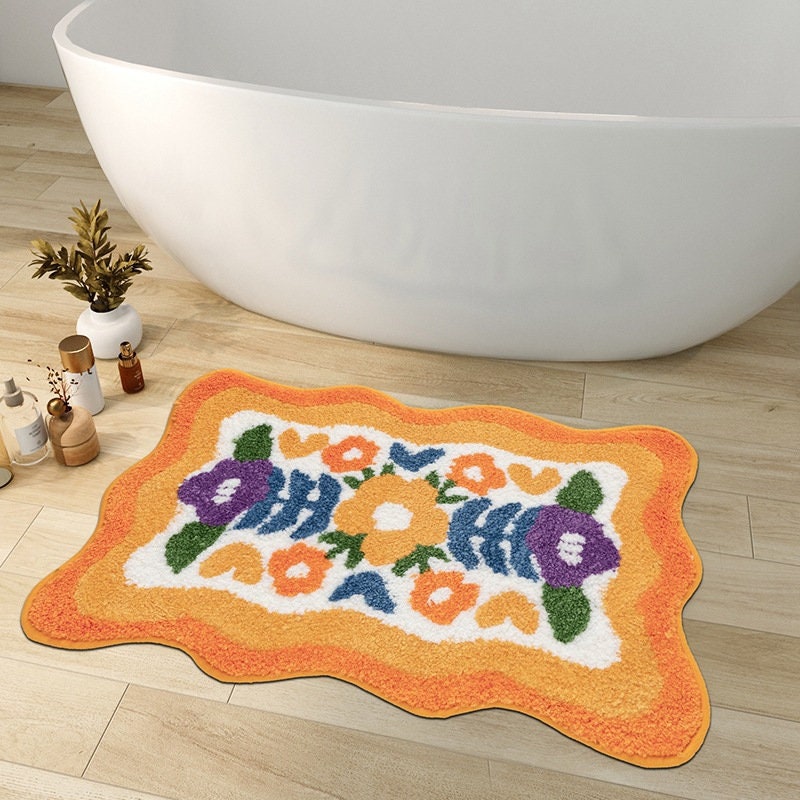 Bunte Blumen Badezimmermatte, Orange Flora Weicher Badezimmerteppich, Gewebte Badematte, Lila Tulpe Wasserabsorbierende Rutschfeste Badematte