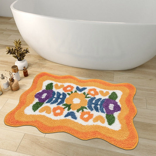 Bunte Blumen Badezimmermatte, Orange Flora Weicher Badezimmerteppich, Gewebte Badematte, Lila Tulpe Wasserabsorbierende Rutschfeste Badematte