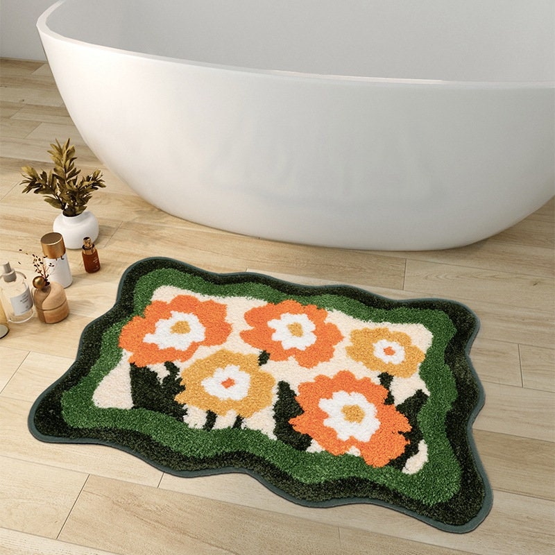 Bunte Blumen Badezimmermatte, Orange Flora Weicher Badezimmerteppich, Gewebte Badematte, Lila Tulpe Wasserabsorbierende Rutschfeste Badematte