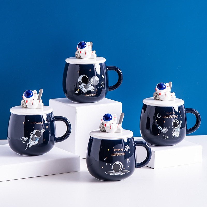Handgefertigter Astronaut großer BECHER für Männer mit Deckel für Kaffee und Tee 450 ml