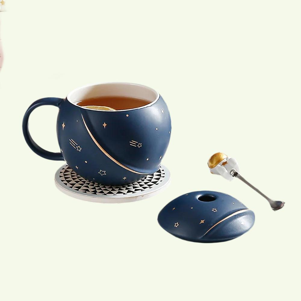 Handgefertigter Astronaut großer BECHER für Männer mit Deckel für Kaffee und Tee 450 ml
